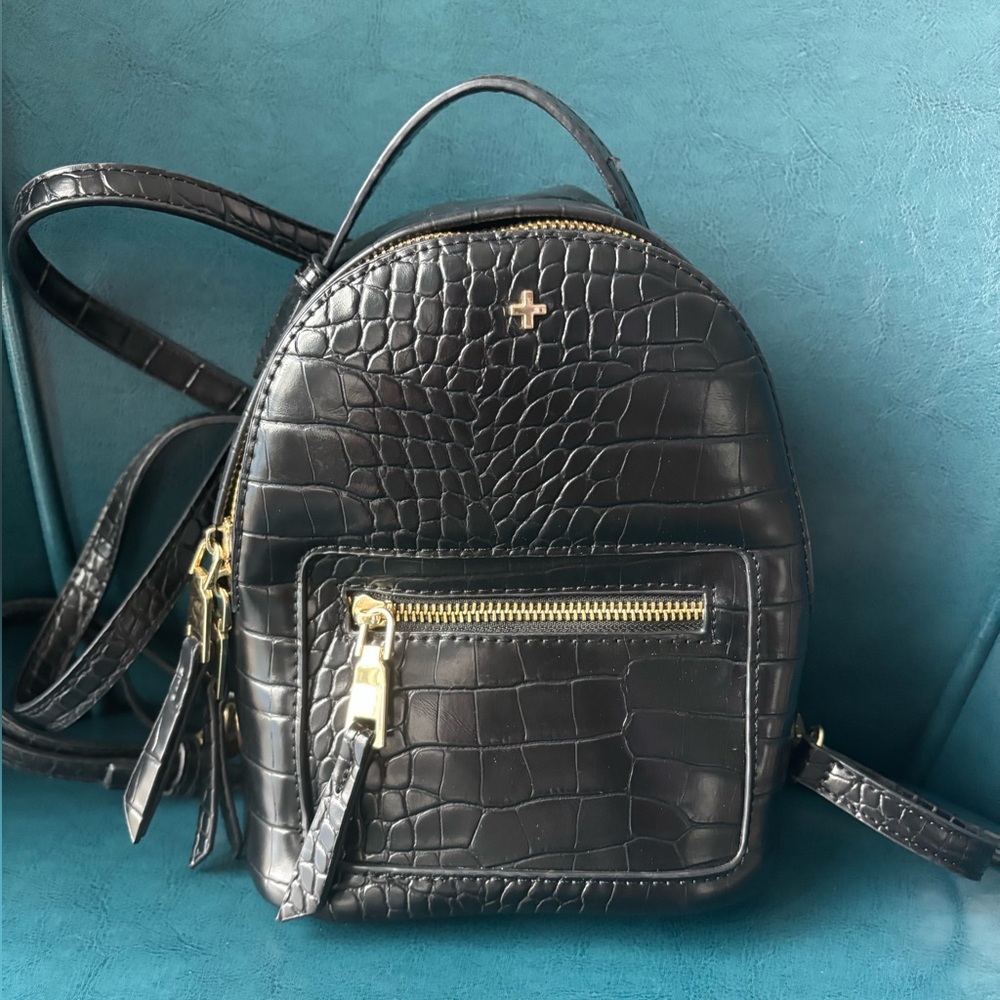 Peta + Jain Black Croc-Embossed Mini Backpack with Gold Accents